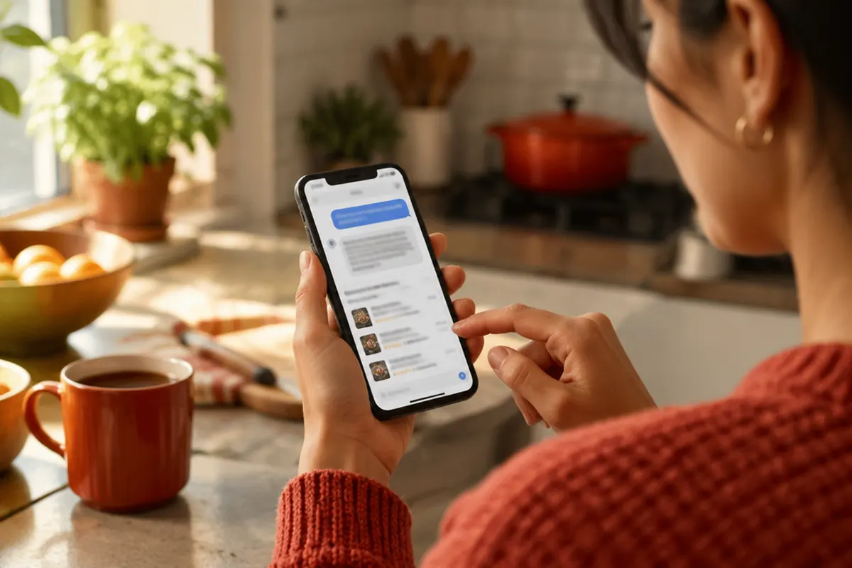 Person asking an AI assistant on a smartphone for local business recommendations