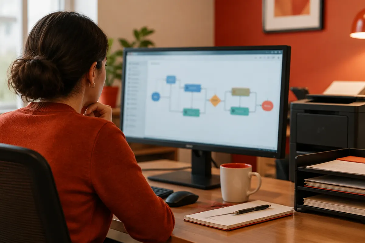 Office manager watching an automated workflow run on a computer monitor