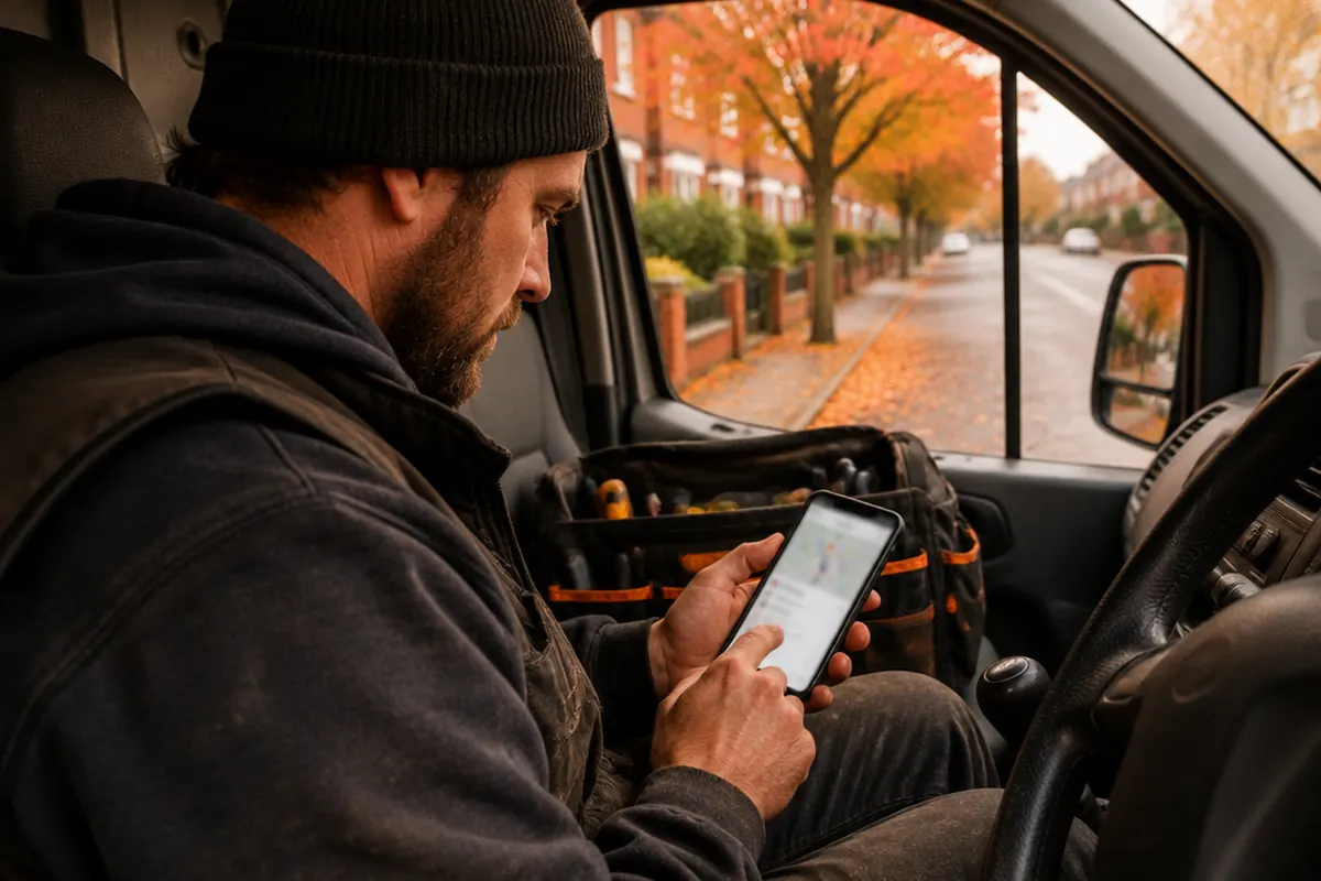 Tradesperson in a work van checking local search results on his phone