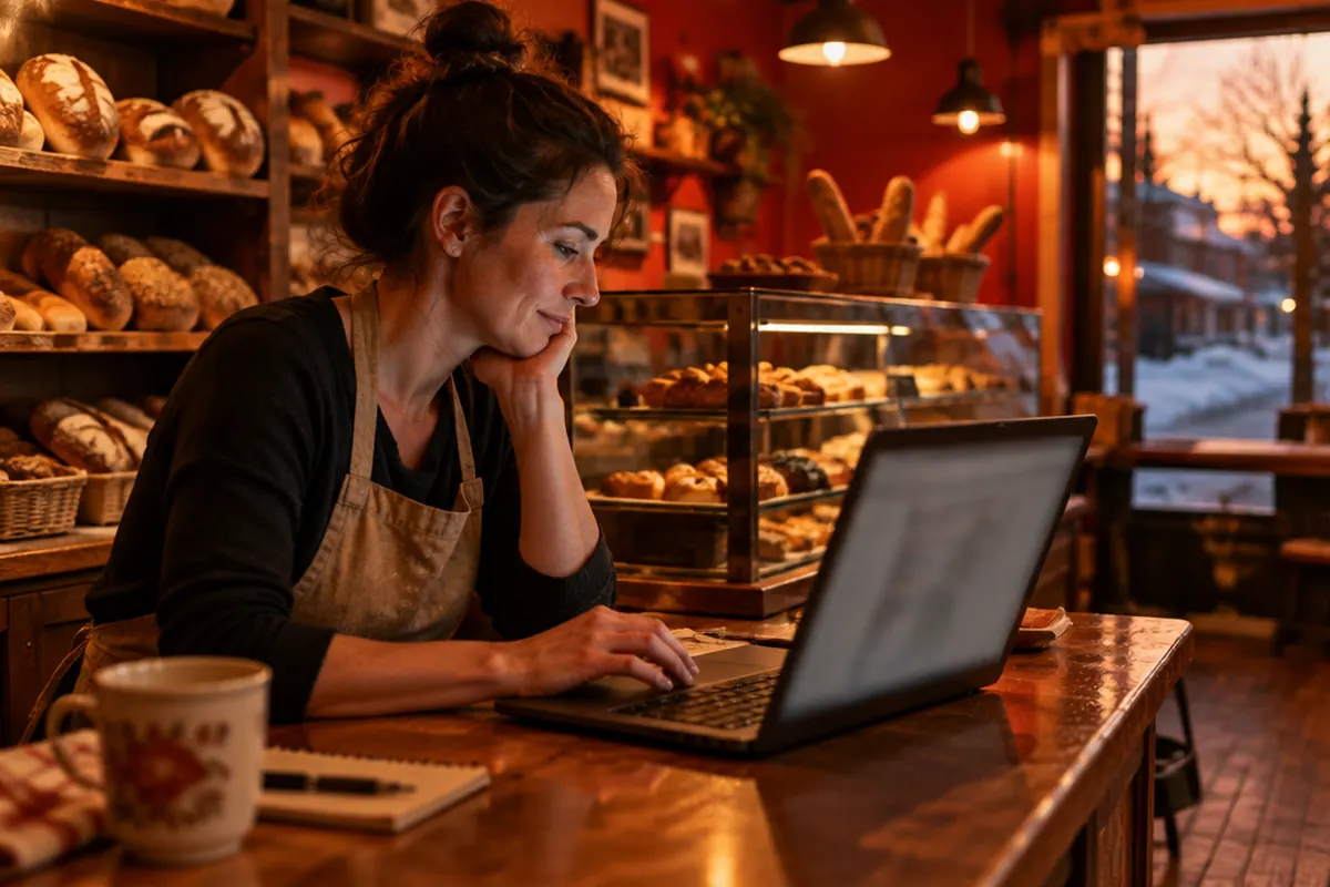 Bakery owner working on her business website on a laptop after closing time