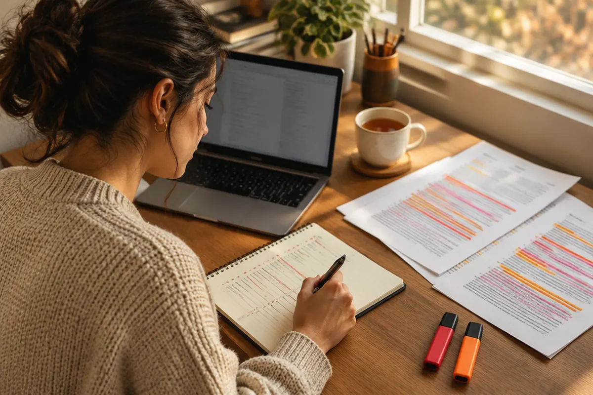 Writer planning an article outline in a notebook with highlighted research pages