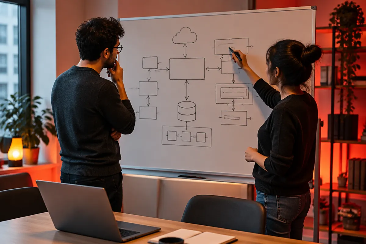 Two developers sketching a web application architecture on a whiteboard
