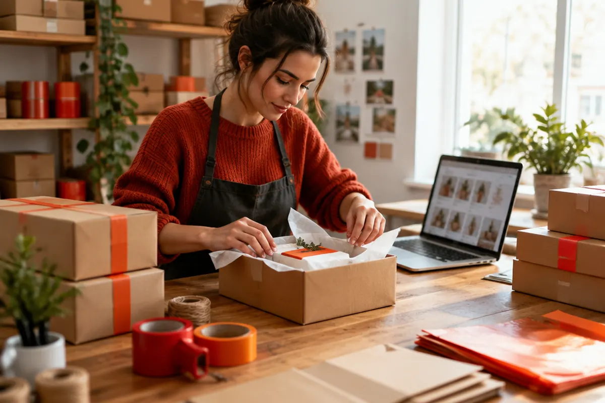 Online store owner packing customer orders next to a laptop showing her product pages