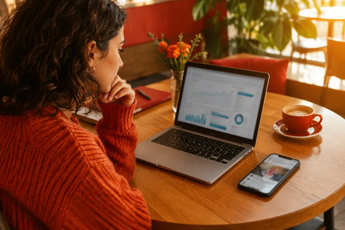 Small business owner reviewing ad campaign results on a laptop at a café table