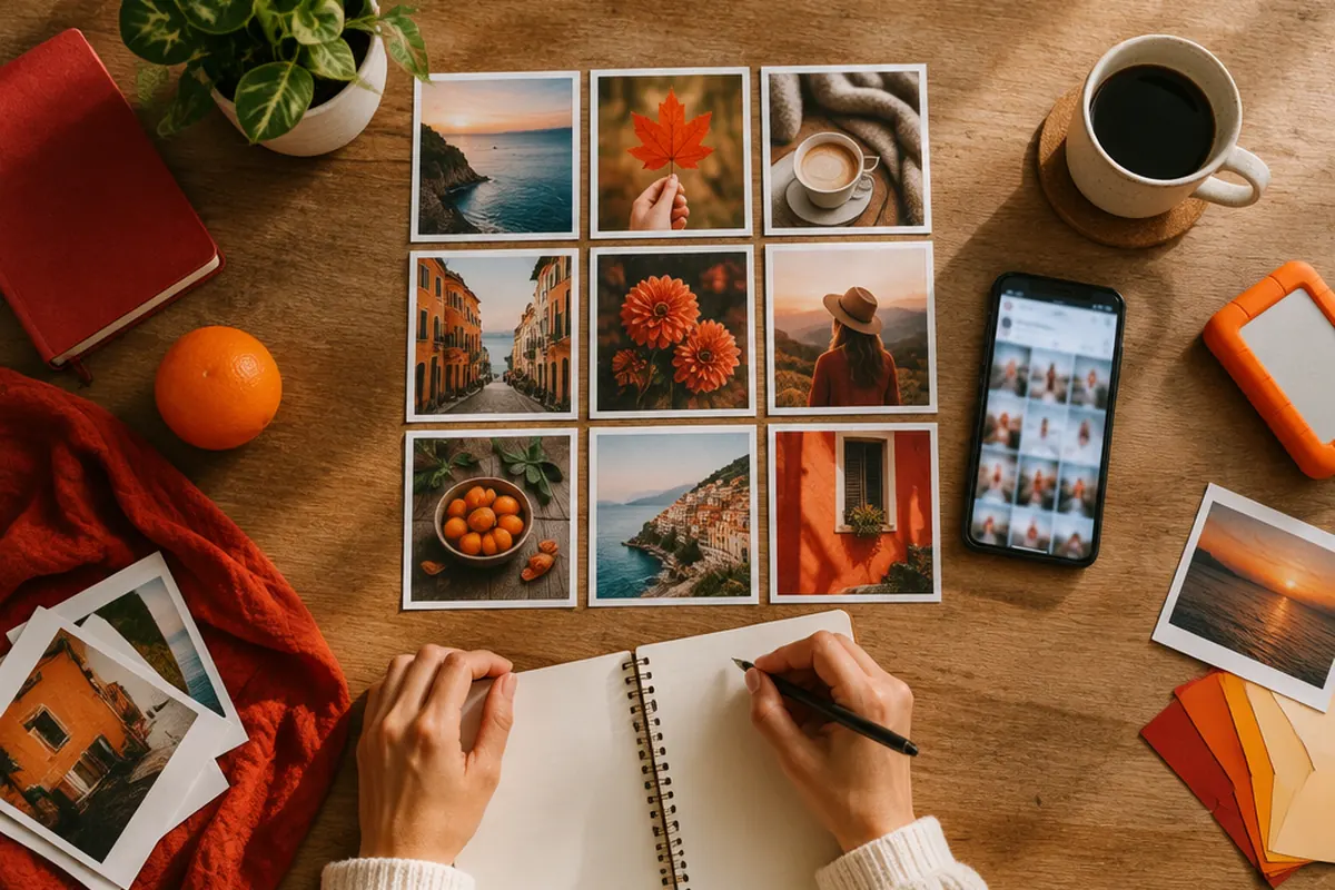 Flat lay of printed photos arranged as an Instagram grid for content planning