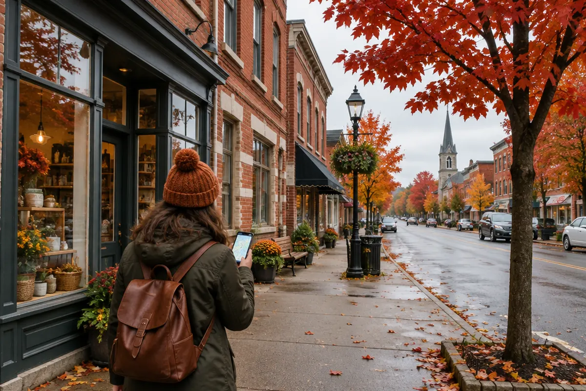 Shopper checking a map on her phone on an autumn main street in a small Ontario town