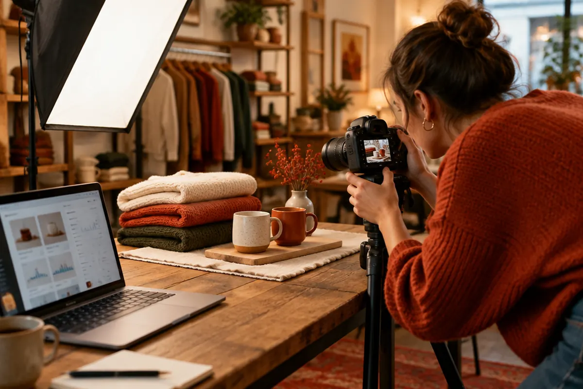 Boutique owner photographing products on a tabletop set for her online store