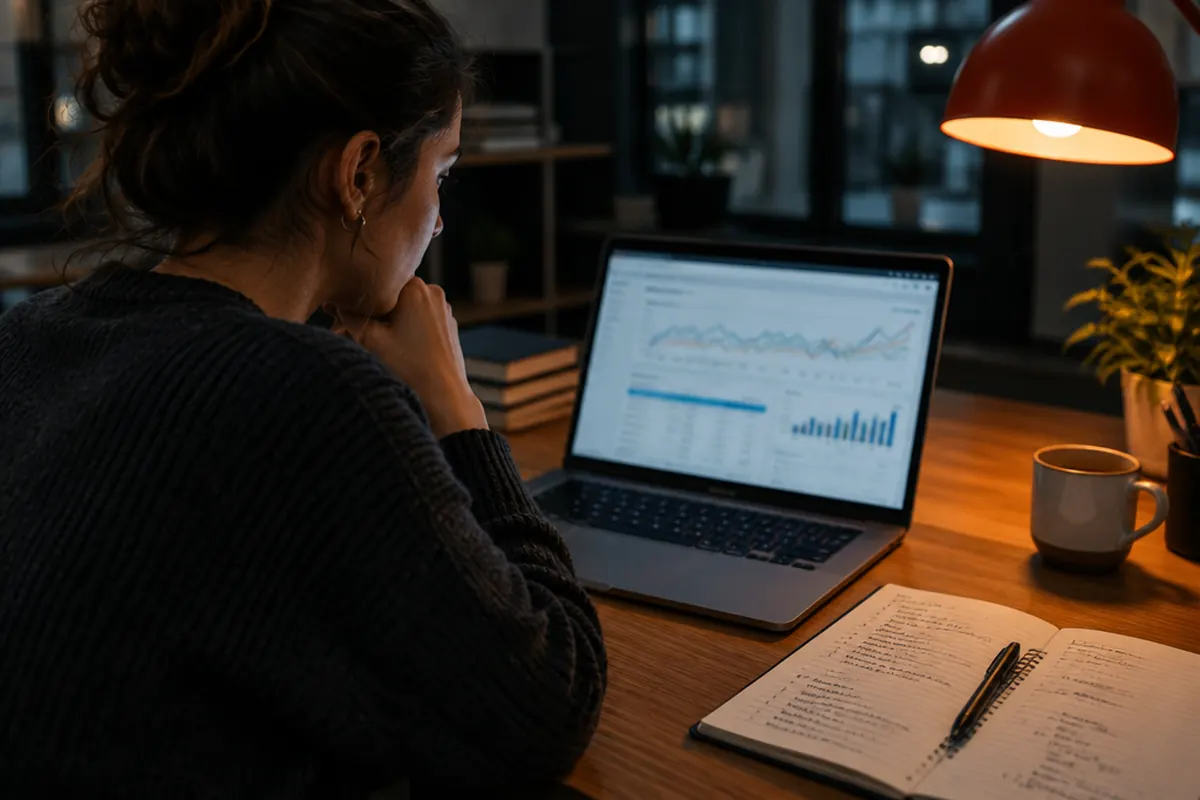 SEO analyst reviewing search ranking graphs on a laptop beside handwritten keyword notes