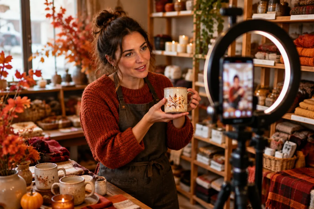 Shop owner filming a product video on a smartphone with a ring light for social media