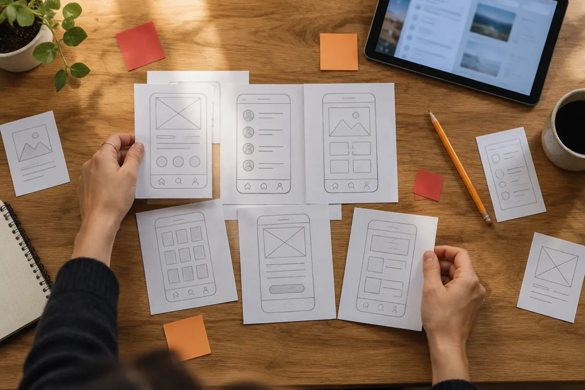 Designer arranging paper wireframe sketches for a mobile app on a wooden table