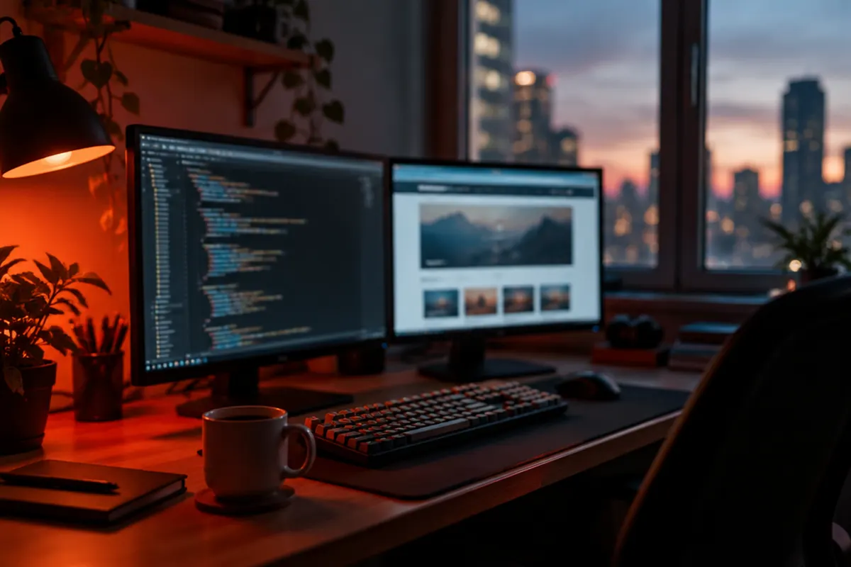 Web developer's desk with code on one monitor and a website layout on another