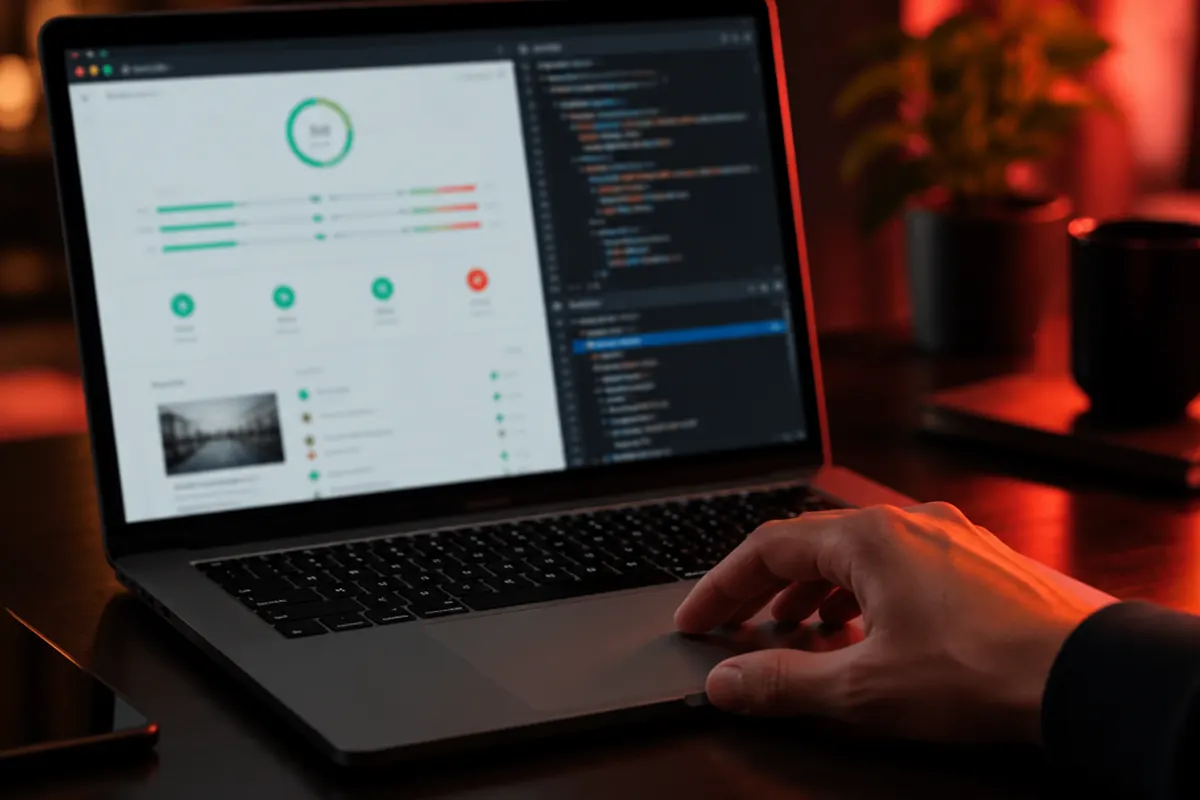 Laptop showing a website performance audit with page speed scores and code inspector