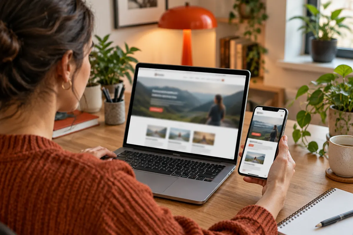 Designer comparing a business website's desktop and mobile layouts on a laptop and phone