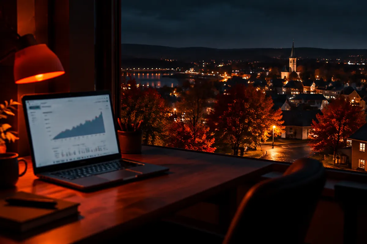 Laptop with an analytics graph on a desk overlooking a Canadian town at night in autumn