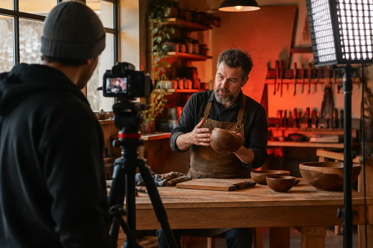 Craftsman being filmed in his workshop for a YouTube video ad